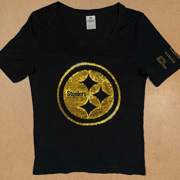 Victoria’s Secret PINK NFL Pittsburgh Steelers Sequin Tee Black T Shirt Small VS - Picture 3 of 16